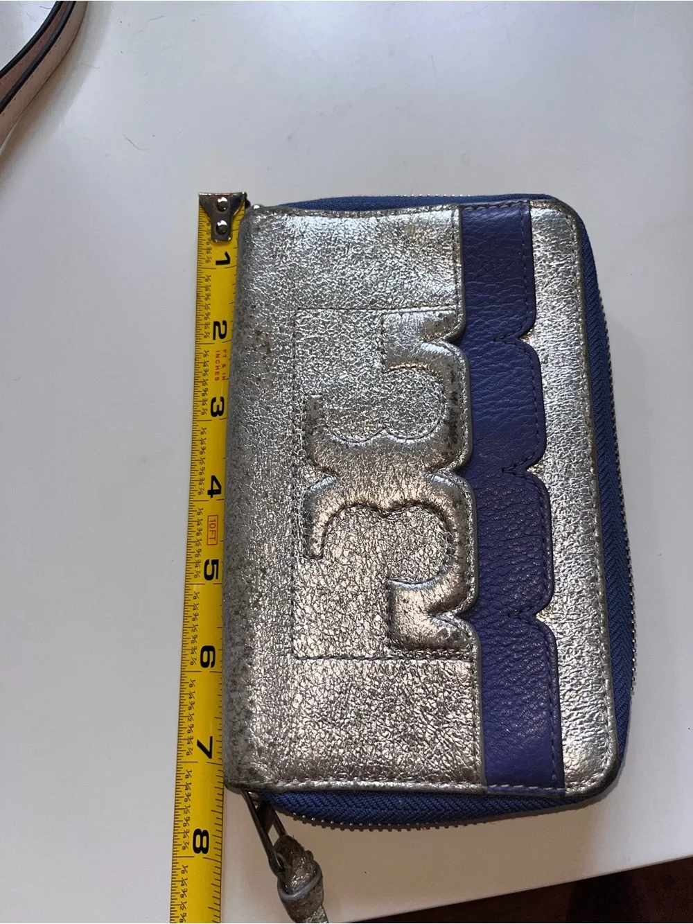 Tory Burch Silver and Navy Zip Around Wallet